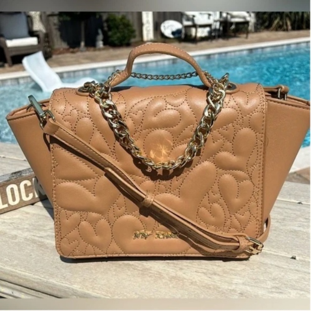 NWT Betsey Johnson Quilted Winged Satchel In Cognac Purse Tote Bag Crossbody